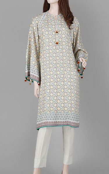 Saya White Dobby Kurti | Pakistani Winter Dresses- Image 1
