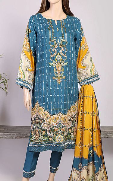 Saya Denim Blue Dobby Suit | Pakistani Winter Dresses- Image 1
