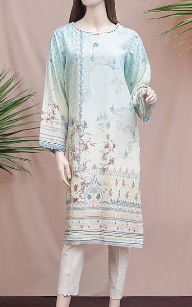Saya White/Sky Blue Viscose Kurti | Pakistani Winter Dresses- Image 1