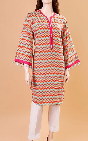 Saya Sky Blue/Bright Orange Khaddar Kurti | Pakistani Winter Dresses- Image 1