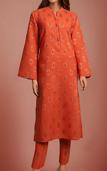 Saya Shocking Orange Jacquard Suit (2 pcs) | Pakistani Lawn Dress in USA- Image 1