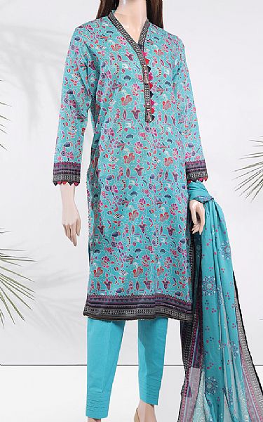 Saya Turquoise Zari Stripe Line Suit | Pakistani Lawn Suits- Image 1