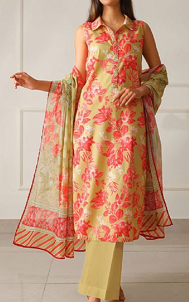 Saya Light Olive/Coral Lawn Suit | Pakistani Lawn Dress in USA- Image 1