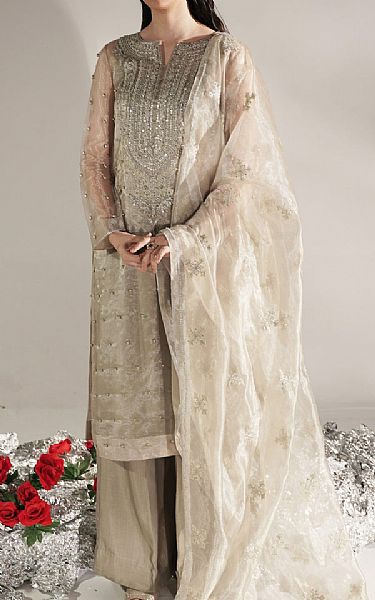 Seroli Pale Oyster/Off White Organza Suit | Pakistani Embroidered Chiffon Dresses- Image 1