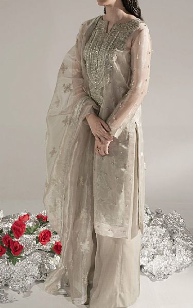 Seroli Pale Oyster/Off White Organza Suit | Pakistani Embroidered Chiffon Dresses- Image 2