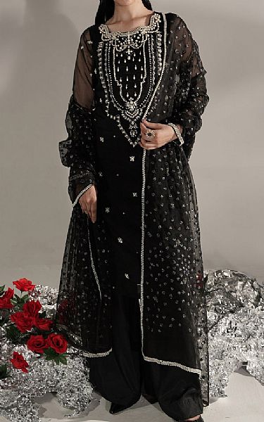 Seroli Black Organza Suit | Pakistani Embroidered Chiffon Dresses- Image 1
