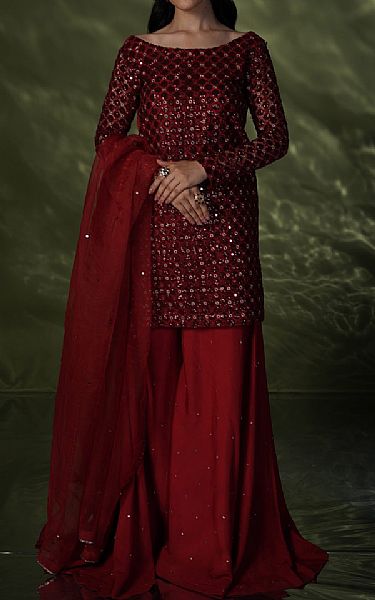 Seroli Maroon Organza Suit | Pakistani Embroidered Chiffon Dresses- Image 1