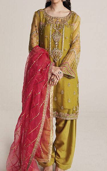 Seroli Mustard Organza Suit | Pakistani Embroidered Chiffon Dresses- Image 1