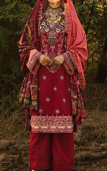 Seroli Red Karandi Suit | Pakistani Winter Dresses-Image 1