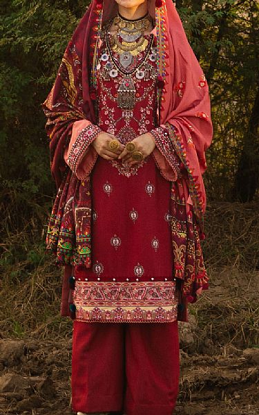 Seroli Red Karandi Suit | Pakistani Winter Dresses- Image 1