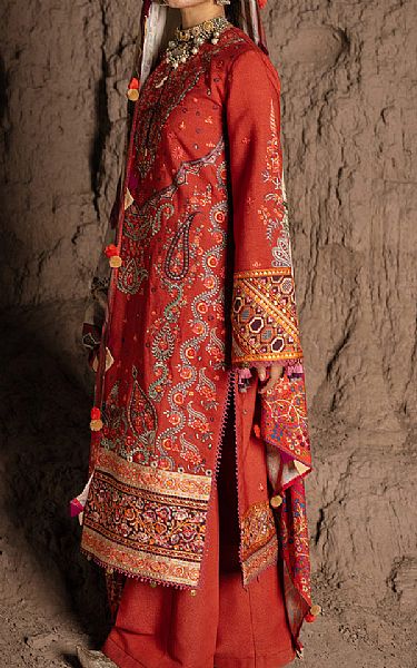 Vermilion Red Karandi Suit | Seroli Pakistani Winter Dresses