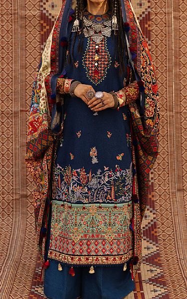 Seroli Dark Blue Karandi Suit | Pakistani Winter Dresses- Image 1