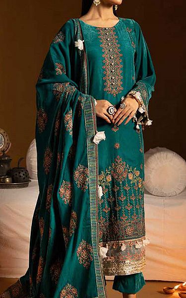 Shaista Teal Velvet Suit | Pakistani Winter Dresses in USA- Image 1