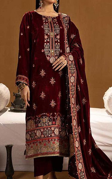 Shaista Maroon Velvet Suit | Pakistani Winter Dresses in USA- Image 1