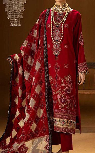 Shaista Red Velvet Suit | Pakistani Winter Dresses in USA- Image 1