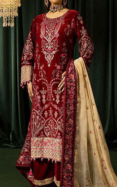 Shaista Red Velvet Suit | Pakistani Winter Dresses in USA- Image 1