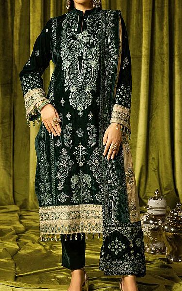 Shaista Green Velvet Suit | Pakistani Winter Dresses in USA- Image 1