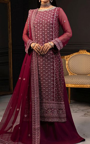 Sifa Dark Scarlet Chiffon Suit | Pakistani Embroidered Chiffon Dresses- Image 1
