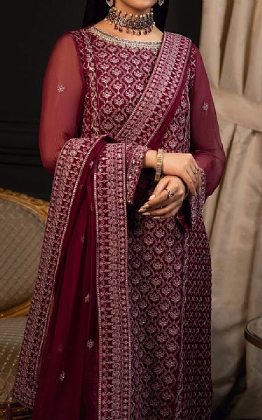 Sifa Dark Scarlet Chiffon Suit | Pakistani Embroidered Chiffon Dresses- Image 2