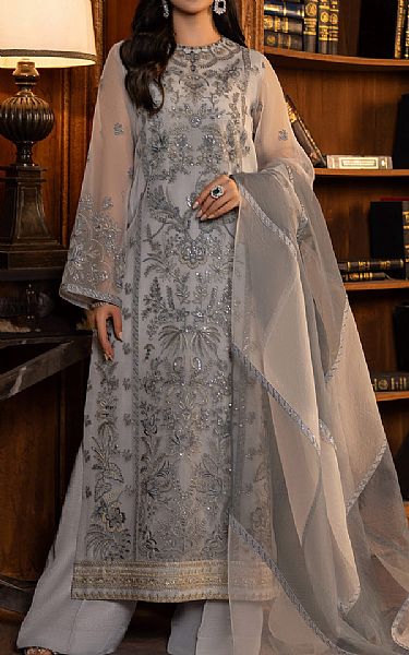 Sifa Grey Organza Suit | Pakistani Embroidered Chiffon Dresses- Image 1