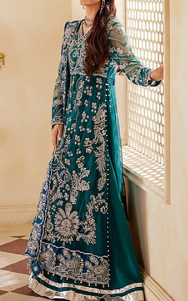Sifa Teal Net Suit | Pakistani Embroidered Chiffon Dresses- Image 1