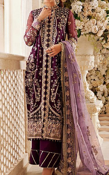 Sifa Egg Plant Organza Suit | Pakistani Embroidered Chiffon Dresses- Image 1