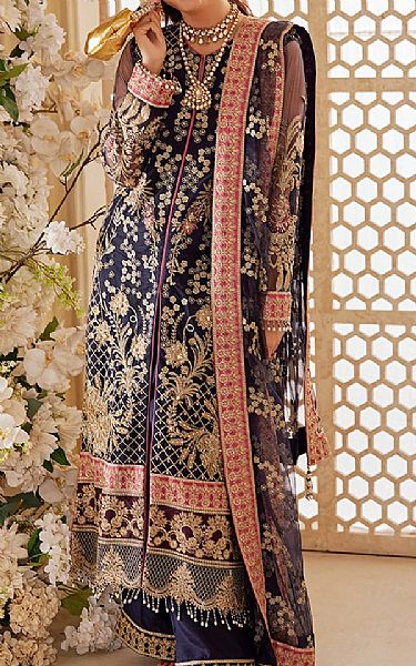 Sifa Navy Blue Net Suit | Pakistani Embroidered Chiffon Dresses- Image 1