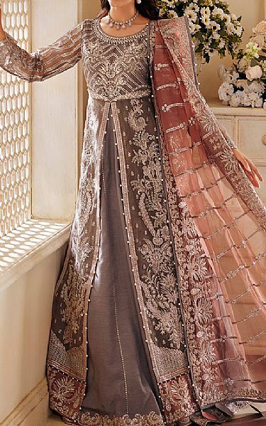 Sifa Grey Organza Suit | Pakistani Embroidered Chiffon Dresses- Image 1
