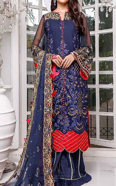 Sifona Navy Blue Chiffon Suit | Pakistani Embroidered Chiffon Dresses- Image 1