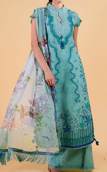 Sobia Nazir Light Turquoise Lawn Suit | Pakistani Lawn Dress in USA- Image 1