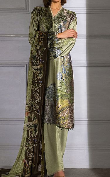 Sobia Nazir Pistachio Green Silk Suit | Pakistani Embroidered Chiffon Dresses- Image 1
