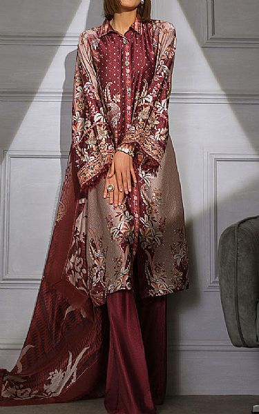 Sobia Nazir Wine Silk Suit | Pakistani Embroidered Chiffon Dresses- Image 1