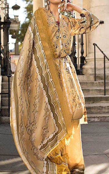 Sobia Nazir Sand Gold Satin Suit | Pakistani Winter Dresses in USA- Image 1