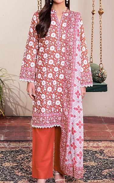 So Kamal White/Orange Lawn Suit (2 Pcs) | Pakistani Lawn Dress in USA- Image 1