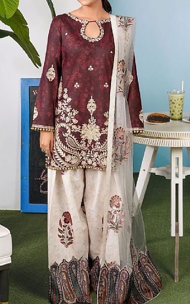 So Kamal Wine/Off White Lawn Suit | Pakistani Lawn Dress in USA- Image 1