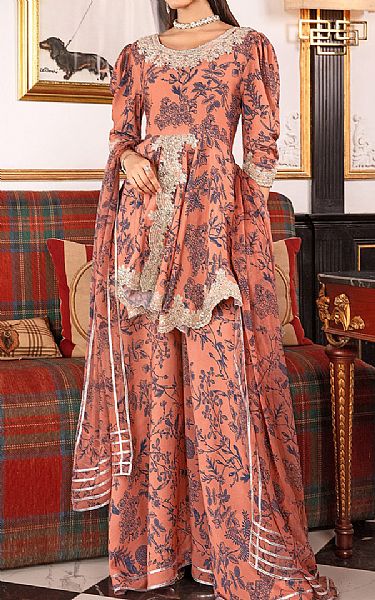 So Kamal Peachy Pink Grip Suit | Pakistani Embroidered Chiffon Dresses USA- Image 1