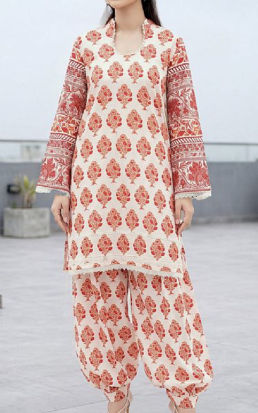 So Kamal White/Coral Lawn Suit (2 pcs) | Pakistani Lawn Dress in USA- Image 1