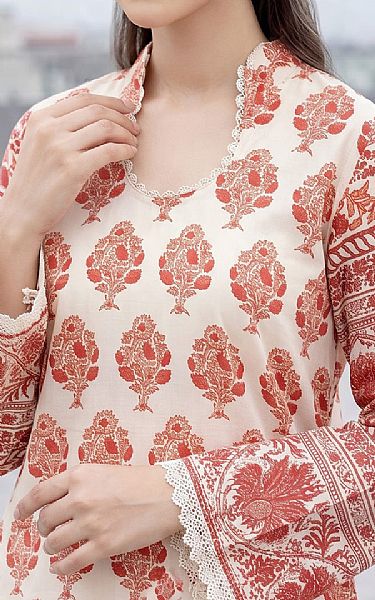 So Kamal White/Coral Lawn Suit (2 pcs) | Pakistani Lawn Dress in USA- Image 2