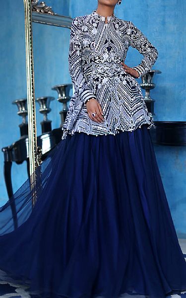 Threads And Motifs Blue Net Suit | Pakistani Embroidered Chiffon Dresses- Image 1