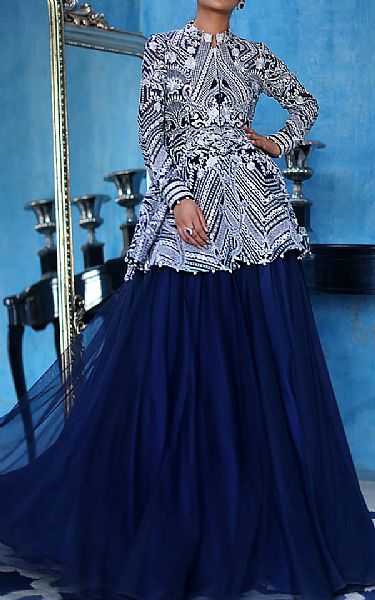 Threads And Motifs Blue Net Suit | Pakistani Embroidered Chiffon Dresses USA- Image 1