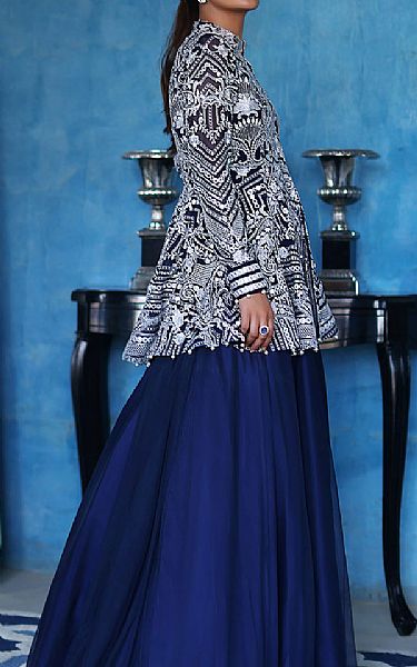 Threads And Motifs Blue Net Suit | Pakistani Embroidered Chiffon Dresses- Image 2