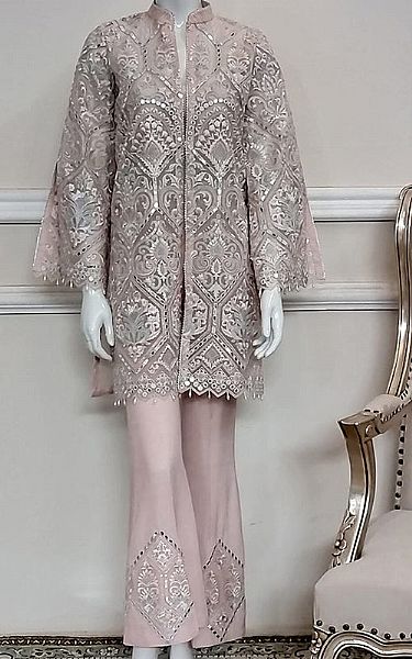Threads And Motifs Beige Net Suit | Pakistani Embroidered Chiffon Dresses- Image 1