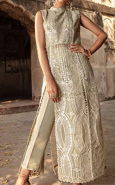 Threads And Motifs Beige Organza Suit | Pakistani Embroidered Chiffon Dresses- Image 1