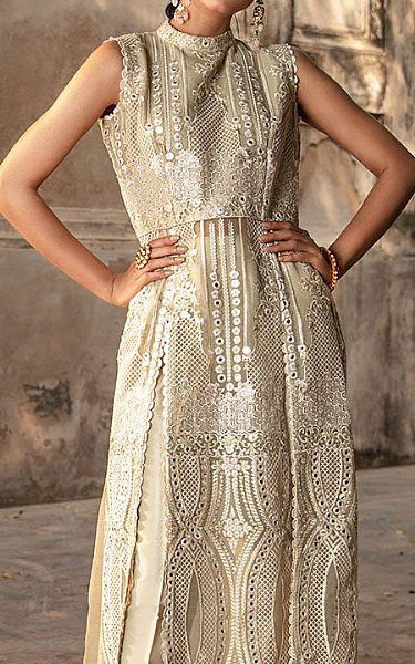 Threads And Motifs Beige Organza Suit | Pakistani Embroidered Chiffon Dresses- Image 2