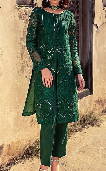 Threads And Motifs Bottle Green Organza Suit | Pakistani Embroidered Chiffon Dresses- Image 1