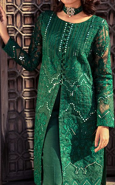 Threads And Motifs Bottle Green Organza Suit | Pakistani Embroidered Chiffon Dresses- Image 2