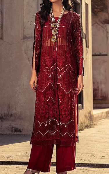 Threads And Motifs Maroon Organza Suit | Pakistani Embroidered Chiffon Dresses- Image 1