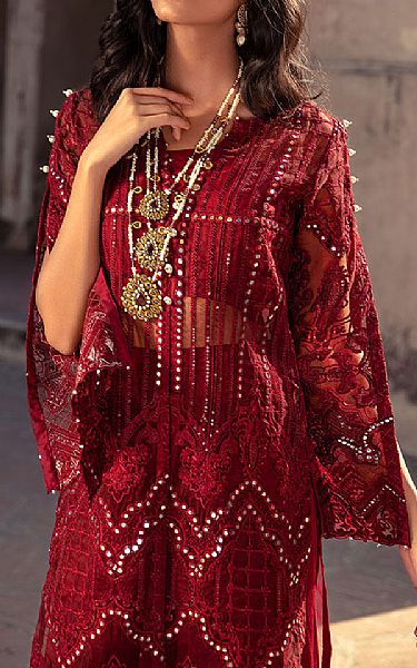Threads And Motifs Maroon Organza Suit | Pakistani Embroidered Chiffon Dresses- Image 2