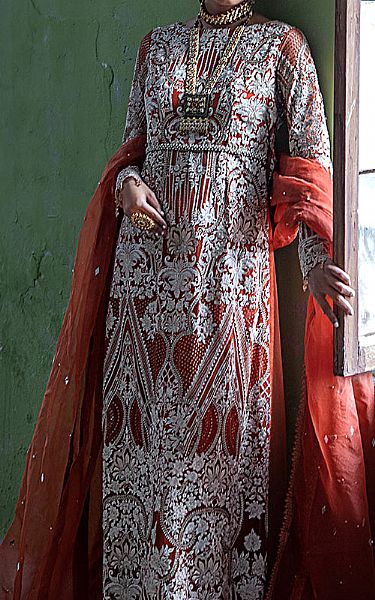 Rust Net Suit | Threads And Motifs Pakistani Chiffon Dresses