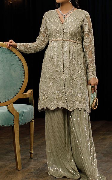 Threads And Motifs Pistachio Green Net Suit | Pakistani Embroidered Chiffon Dresses- Image 1